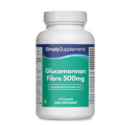 Frasco de suplemento con la etiqueta «Fibra Glucomanano 500mg Simply Supplements», de color verde sobre fondo blanco.