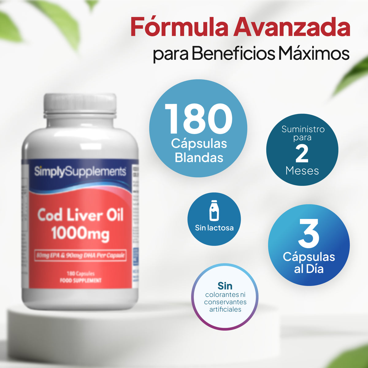 Un frasco de cápsulas de aceite de hígado de bacalao de 1000 mg de SimplySupplements, colocado sobre un pedestal blanco, con texto promocional en español y recuadros circulares azules en los que se indica el número de cápsulas, la duración del tratamiento, que no contiene lactosa y la dosis diaria. 180 cápsulas blandas: tomar 3 al día. Suministro para 2 meses.
