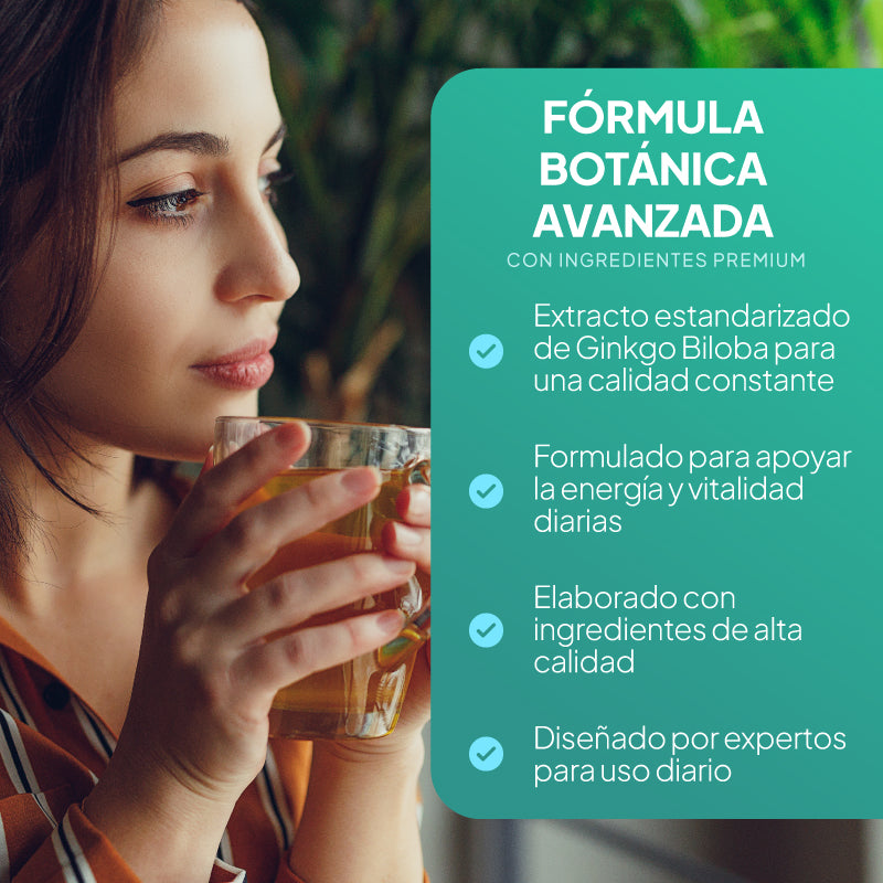 Un gráfico promocional en el que aparece una mujer de perfil bebiendo de un vaso a la izquierda y, a la derecha, un gran recuadro de texto en color verde azulado en español que anuncia una fórmula botánica con ingredientes como el ginkgo biloba.