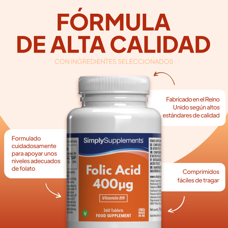 Un frasco del complemento alimenticio «Ácido fólico 400¹g» de SimplySupplements, situado sobre un fondo gráfico en tonos beige cálido y naranja, con textos promocionales en español.