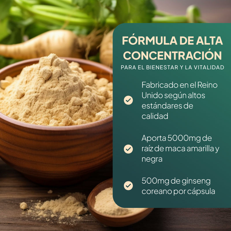 Imagen promocional del producto «Simply Supplements Maca 5000 mg con ginseng y pimienta negra», en la que se destaca que el producto se fabrica en el Reino Unido siguiendo los más altos estándares de calidad y que cada cápsula aporta 500 mg de raíz de maca amarilla y negra y 500 mg de ginseng coreano.
