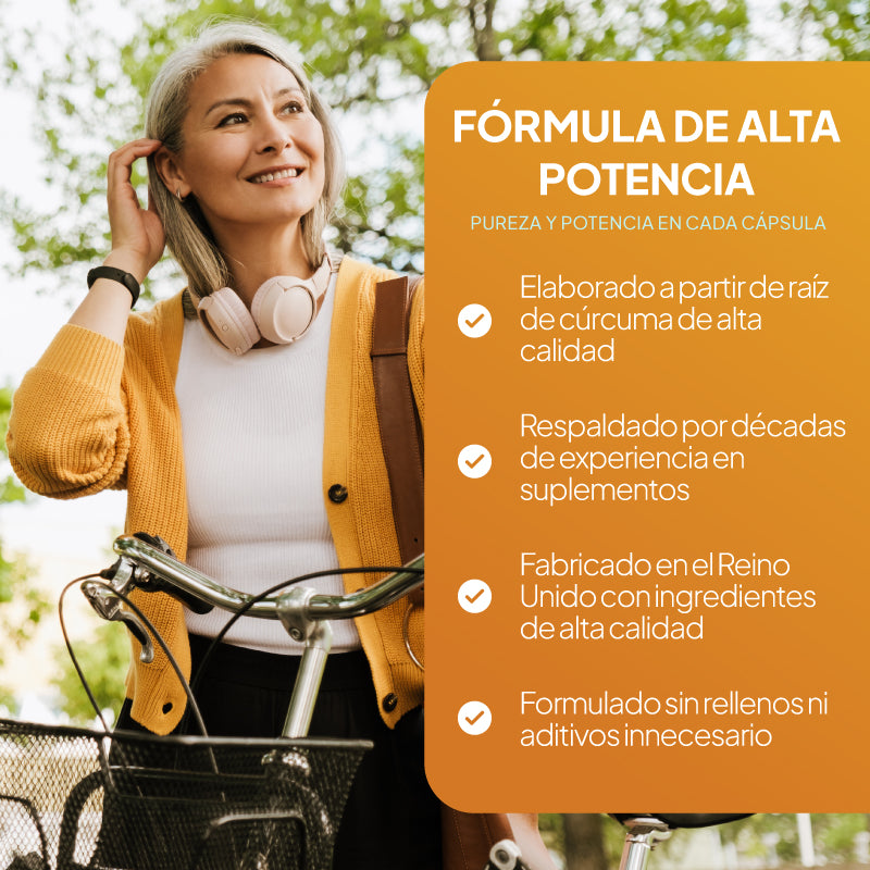 Una mujer al aire libre, con un cárdigan amarillo y auriculares, junto a una bicicleta, junto a un gran cartel naranja en español en el que se lee «FÓRMULA DE ALTA POTENCIA», con una lista de puntos sobre pureza, potencia e ingredientes.