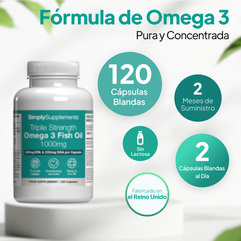 Se muestra un frasco blanco de «SimplySupplements Triple Strength Omega 3 Fish Oil 1000 mg» sobre un pedestal blanco, con un texto promocional en español y recuadros circulares que destacan que contiene 120 cápsulas, es un suministro para 2 meses, no contiene lactosa y está fabricado en el Reino Unido.