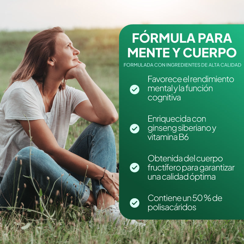 Imagen promocional de «Lion’s Mane» y «Ginseng siberiano» de Simply Supplements, en la que se destaca su contribución al rendimiento mental y a la función cognitiva; incluye ginseng siberiano y vitamina B6 añadidos; la melena de león procede del cuerpo fructífero para garantizar la máxima eficacia; y tiene un contenido de polisacáridos del 50 %.
