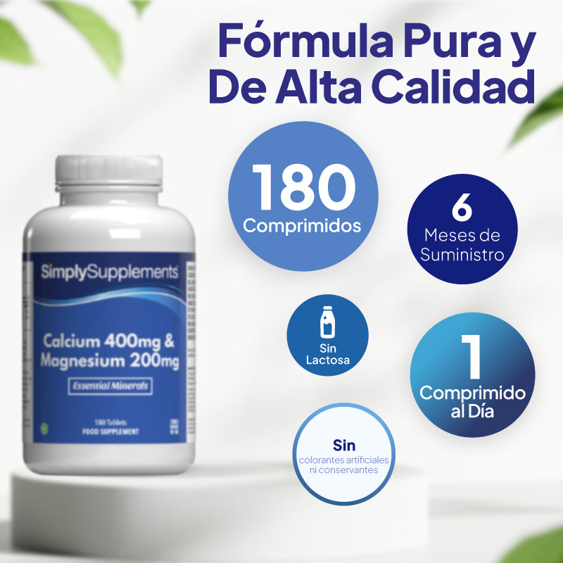 Comprimidos de calcio 400 mg y magnesio 200 mg de Simply Supplements, con suministro para 6 meses