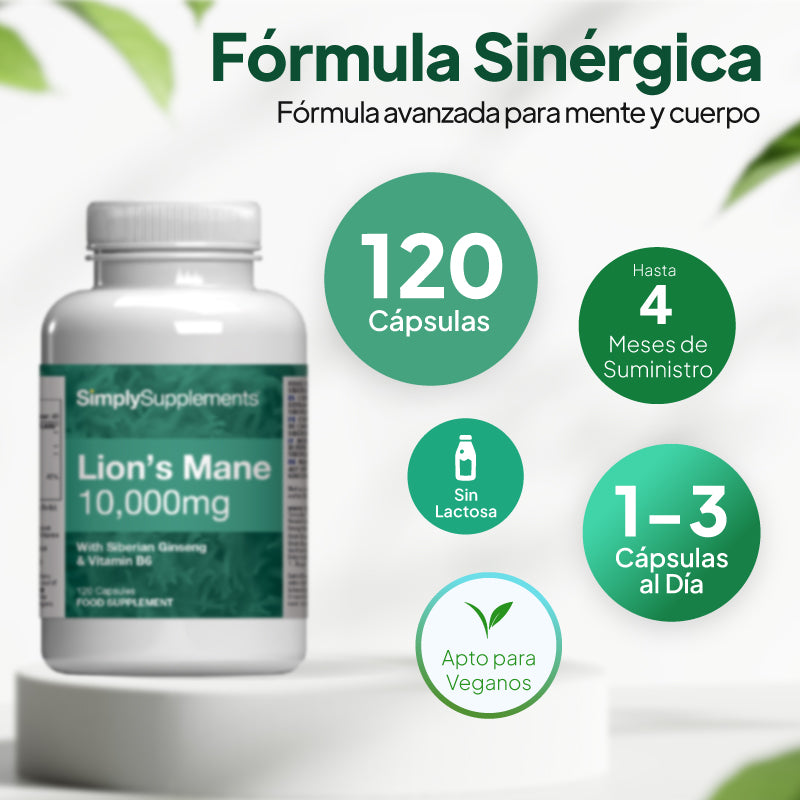 Imagen del suplemento «Lion’s Mane y ginseng siberiano» de Simply Supplements, en la que se indican 120 cápsulas, un suministro de hasta 4 meses, una dosis de 1 a 3 cápsulas al día, una fórmula sin lactosa y un perfil apto para veganos.
