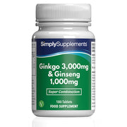 Frasco de suplemento con la etiqueta «Ginkgo 3,000mg & Ginseng 1,000mg Simply Supplements», de color verde sobre fondo blanco.