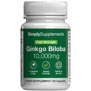 Frasco de suplemento con la etiqueta «Ginkgo Biloba 10,000mg Simply Supplements», de color verde sobre fondo blanco.