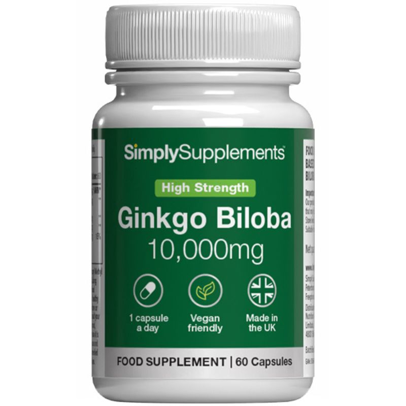Frasco de suplemento con la etiqueta «Ginkgo Biloba 10,000mg Simply Supplements», de color verde sobre fondo blanco.