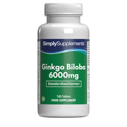 Frasco de suplemento con la etiqueta «Ginkgo Biloba 6000mg Simply Supplements», de color verde sobre fondo blanco.