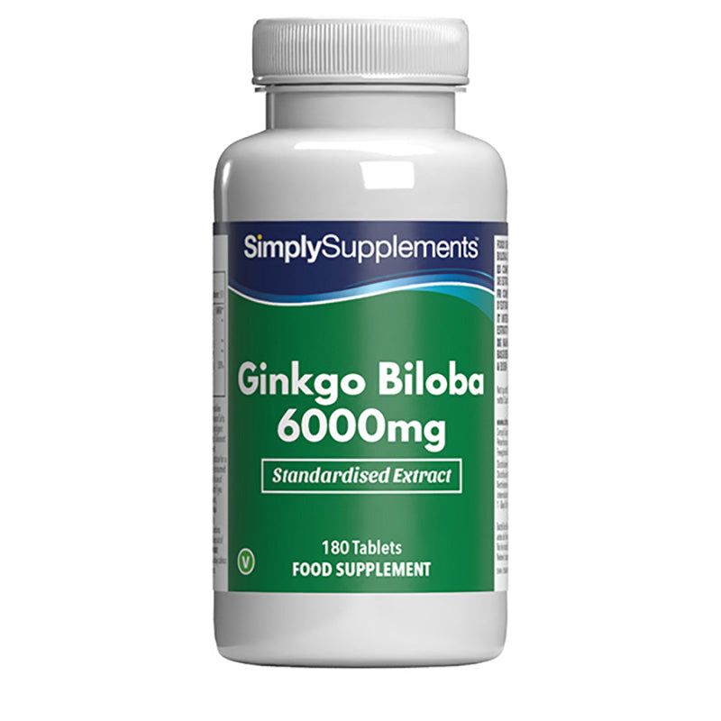 Frasco de suplemento con la etiqueta «Ginkgo Biloba 6000mg Simply Supplements», de color verde sobre fondo blanco.