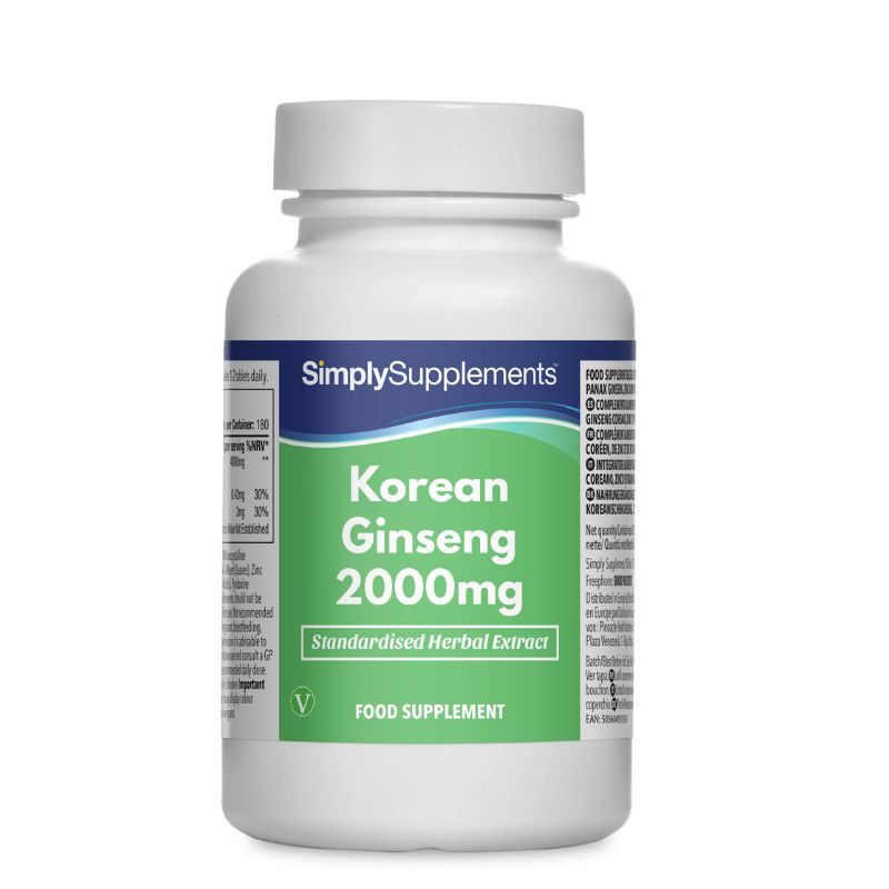 Frasco de suplemento con la etiqueta «Ginseng Coreano 2000mg Simply Supplements», de color verde sobre fondo blanco.