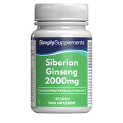 Frasco de suplemento con la etiqueta «Ginseng Siberiano 2000mg Simply Supplements», de color verde sobre fondo blanco.