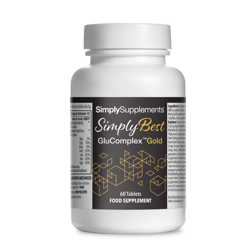 Frasco de suplemento con la etiqueta «GluComplex Gold Simply Supplements», de color negra sobre fondo blanco.