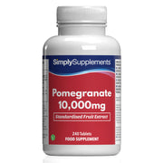 Frasco de suplemento con la etiqueta «Granada 10.000mg Simply Supplements», de color rojo sobre fondo blanco.