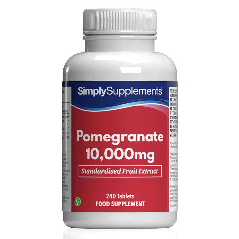 Frasco de suplemento con la etiqueta «Granada 10.000mg Simply Supplements», de color rojo sobre fondo blanco.