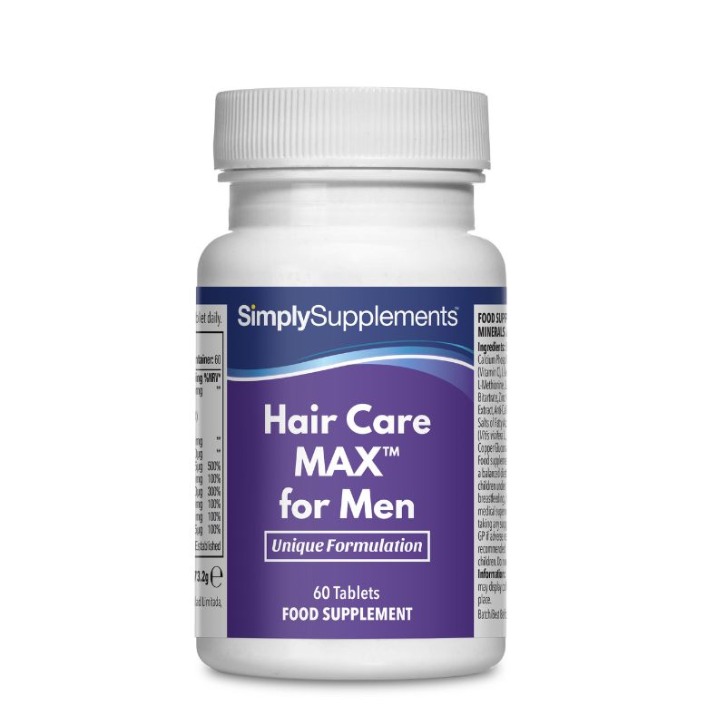 Frasco de suplemento con la etiqueta «Hair Care Max para Hombre Simply Supplements», de color morado sobre fondo blanco.
