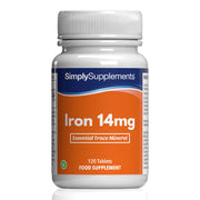 Frasco de suplemento con la etiqueta «Hierro 14mg Simply Supplements», de color naranja sobre fondo blanco.