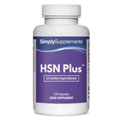 Frasco de suplemento con la etiqueta «HSN Plus Simply Supplements», de color morado sobre fondo blanco.