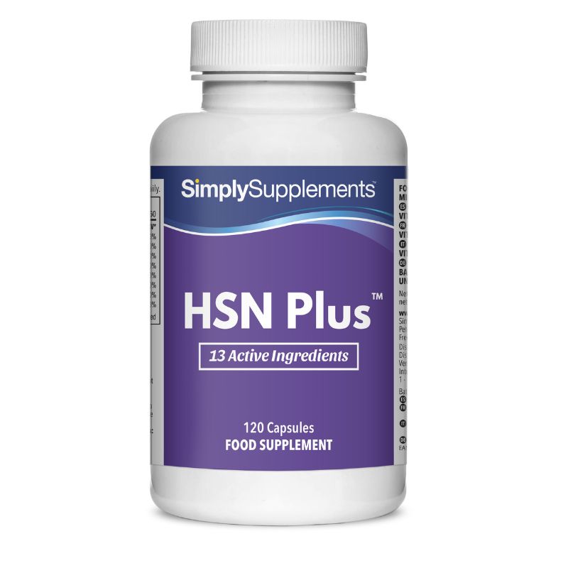 Frasco de suplemento con la etiqueta «HSN Plus Simply Supplements», de color morado sobre fondo blanco.