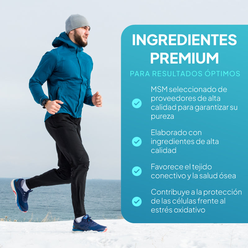 Un hombre corriendo al aire libre sobre la nieve, cerca del mar, vestido con una chaqueta azul con capucha, pantalones negros y zapatillas de deporte azules. A la derecha, un gran recuadro de texto en color verde azulado reza «INGREDIENTES PREMIUM», junto con una descripción en español de las ventajas del producto.