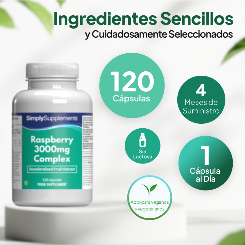 Frasco del complemento «SimplySupplements Raspberry 3000 mg Complex» sobre un pedestal blanco, con texto promocional en español y recuadros circulares que indican «120 cápsulas», «suministro para 4 meses», «sin lactosa» y «una cápsula al día».