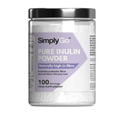 Frasco de suplemento con la etiqueta «Inulina Pura en Polvo Simply Supplements», de color morado sobre fondo blanco.