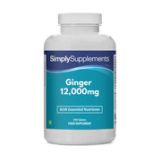 Frasco de suplemento con la etiqueta «Jengibre 12.000mg Simply Supplements», de color azul sobre fondo blanco.
