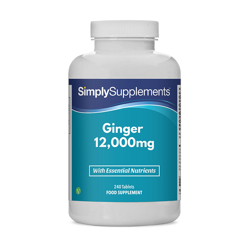 Frasco de suplemento con la etiqueta «Jengibre 12.000mg Simply Supplements», de color azul sobre fondo blanco.