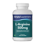 Frasco de suplemento con la etiqueta «L-Arginina 500Simply Supplements», de color verde sobre fondo blanco.