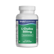 Frasco de suplemento con la etiqueta «L-Colin a500mg Simply Supplements», de color verde sobre fondo blanco.