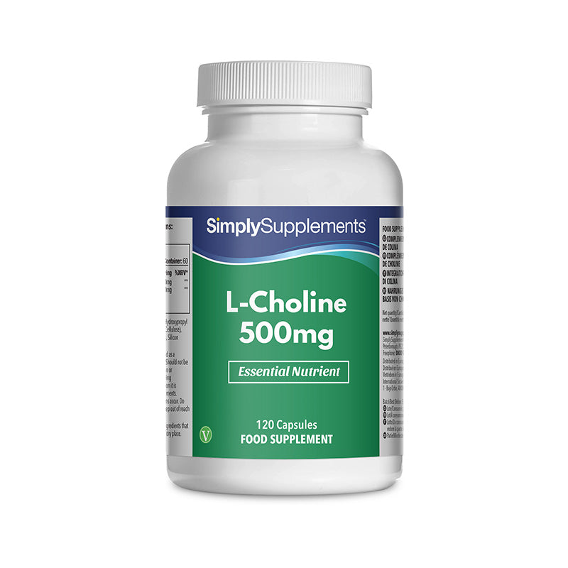 Frasco de suplemento con la etiqueta «L-Colin a500mg Simply Supplements», de color verde sobre fondo blanco.