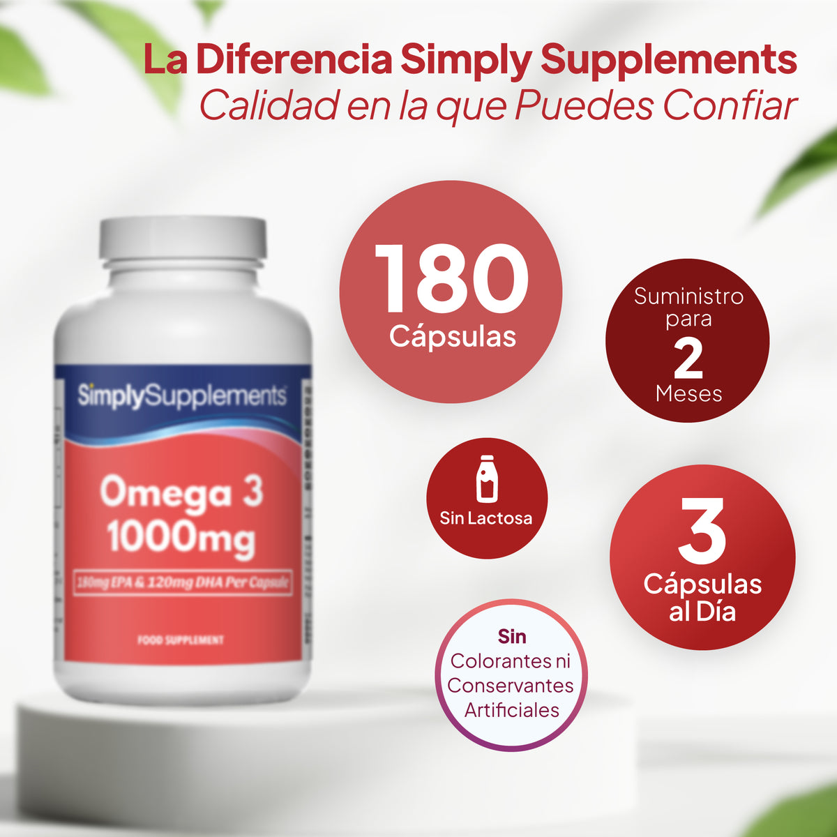 Un frasco blanco del complemento alimenticio «Simply Supplements Omega 3 1000 mg», con una etiqueta azul y roja, colocado sobre un pedestal blanco con texto promocional en español y leyendas circulares que indican «180 cápsulas», «suministro para 2 meses», «3 cápsulas al día» y «sin colorantes artificiales ni lactosa».