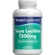 Frasco de suplemento con la etiqueta «Lecitina de Soja 1200mg Simply Supplements», de color verde sobre fondo blanco.