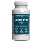 Frasco de suplemento con la etiqueta «Libido Plus para Hombres Simply Supplements», de color azul sobre fondo blanco.