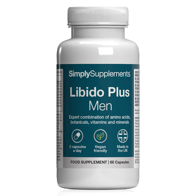 Frasco de suplemento con la etiqueta «Libido Plus para Hombres Simply Supplements», de color azul sobre fondo blanco.