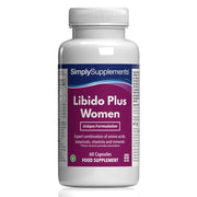Frasco de suplemento con la etiqueta «Libido Plus para Mujer Simply Supplements», de color rosa sobre fondo blanco.