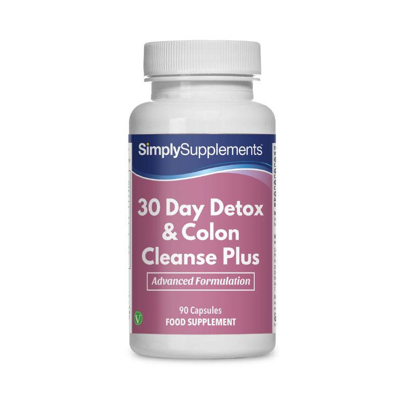 Frasco de suplemento con la etiqueta «Limpieza de Colon en 30 días Simply Supplements», de rosa morado sobre fondo blanco.