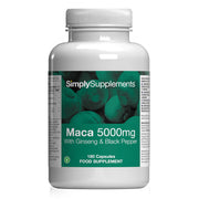 Frasco de suplemento con la etiqueta «MAca 5000mg con Ginseng y Pimienta Negra Simply Supplements», de color verde sobre fondo blanco.