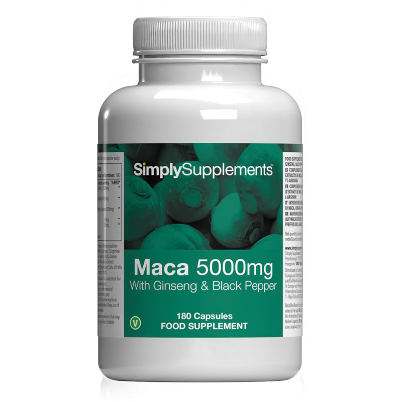 Frasco de suplemento con la etiqueta «MAca 5000mg con Ginseng y Pimienta Negra Simply Supplements», de color verde sobre fondo blanco.