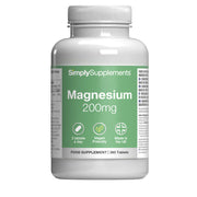 Frasco de suplemento con la etiqueta «Magnesio 200mg Simply Supplements», de color verde sobre fondo blanco.