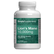 Frasco de suplemento con la etiqueta «Melena de León 10.000mgSimply Supplements», de color verde sobre fondo blanco.