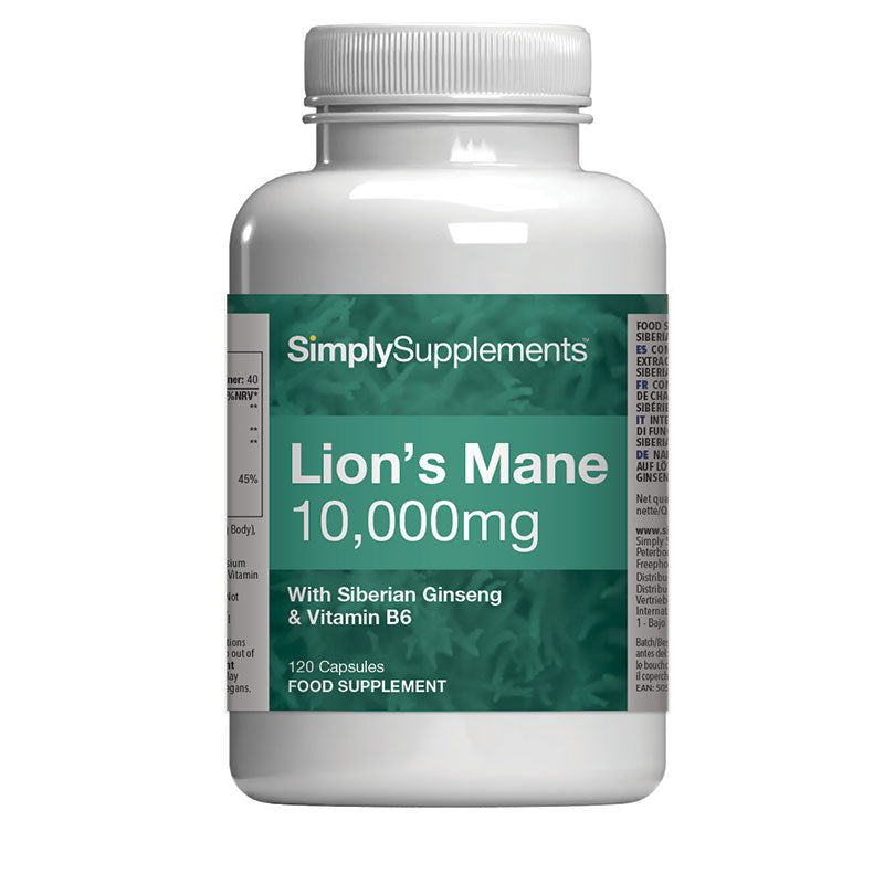 Frasco de suplemento con la etiqueta «Melena de León 10.000mgSimply Supplements», de color verde sobre fondo blanco.