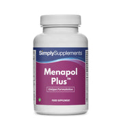 Frasco de suplemento con la etiqueta «Menapol Plus Simply Supplements», de color rosa sobre fondo blanco.