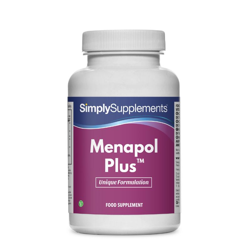 Frasco de suplemento con la etiqueta «Menapol Plus Simply Supplements», de color rosa sobre fondo blanco.
