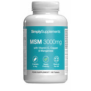 Frasco de suplemento con la etiqueta «Metilsulfonilmetano - MSM 3000mg Simply Supplements», de color celeste sobre fondo blanco.
