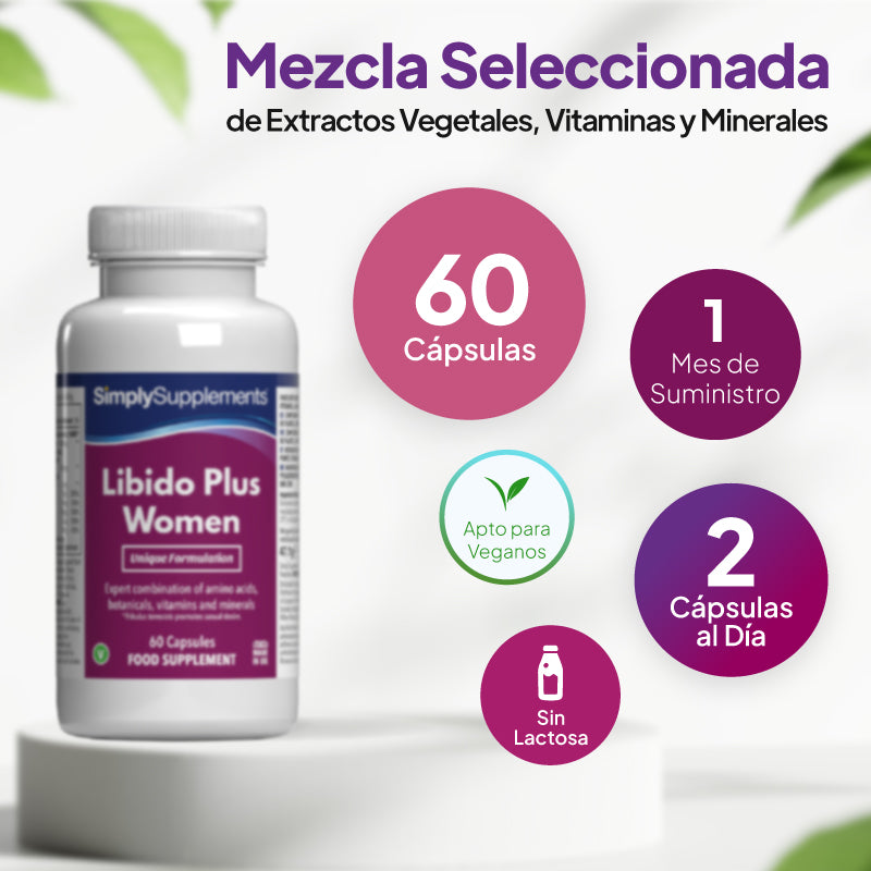Suplemento «Libido Plus Women» de Simply Supplements, con 60 cápsulas, suministro para 1 mes, 2 cápsulas al día, apto para veganos y sin lactosa.
