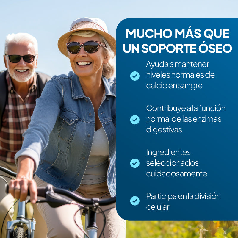 Un gráfico promocional en español de un complemento alimenticio para el cuidado de los huesos. En la parte izquierda aparece una pareja de ancianos sonrientes montando en bicicleta al aire libre, y en la derecha, un gran recuadro de texto en azul oscuro con texto en blanco y azul claro en el que se enumeran beneficios como el mantenimiento de los niveles normales de calcio en sangre y el apoyo a la función de las enzimas digestivas.