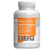 Frasco de suplemento con la etiqueta «Multivitaminas Antifatiga Simply Supplements», de color morado sobre fondo blanco.
