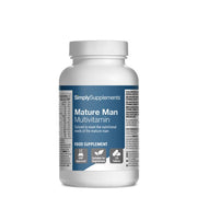 Frasco de suplemento con la etiqueta «Multivitaminas para Hombre Simply Supplements», de color azul sobre fondo blanco.